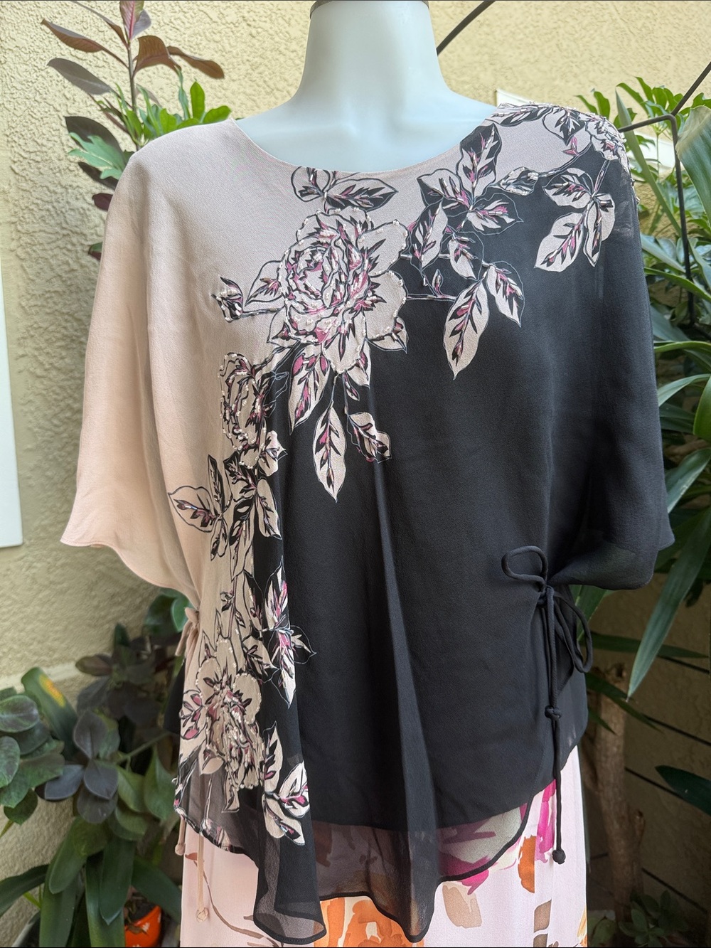 Vintage 80’s Adrianna Papell Black & Blush Floral Overlay Silk Blouse with Beads